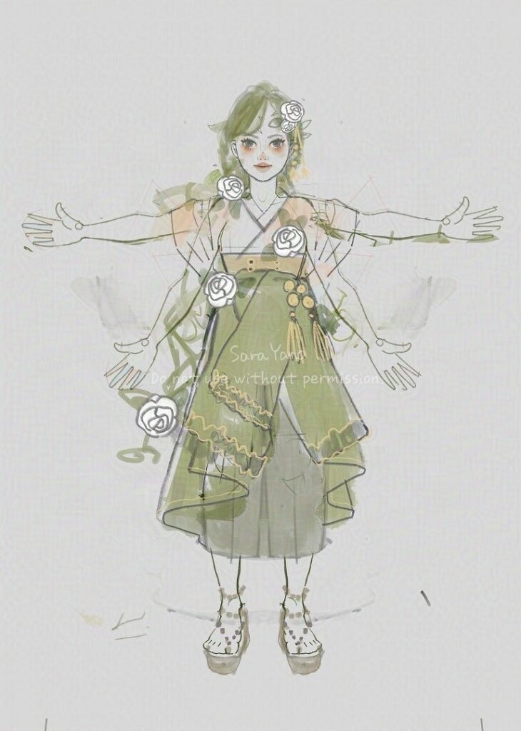 Sketch of Barako.
Original character.
Designed with a Japanese taste, he wears a kimono-like outfit with a corset. A blend of Japanese and Western styles.
Incarnation of a white vine rose.