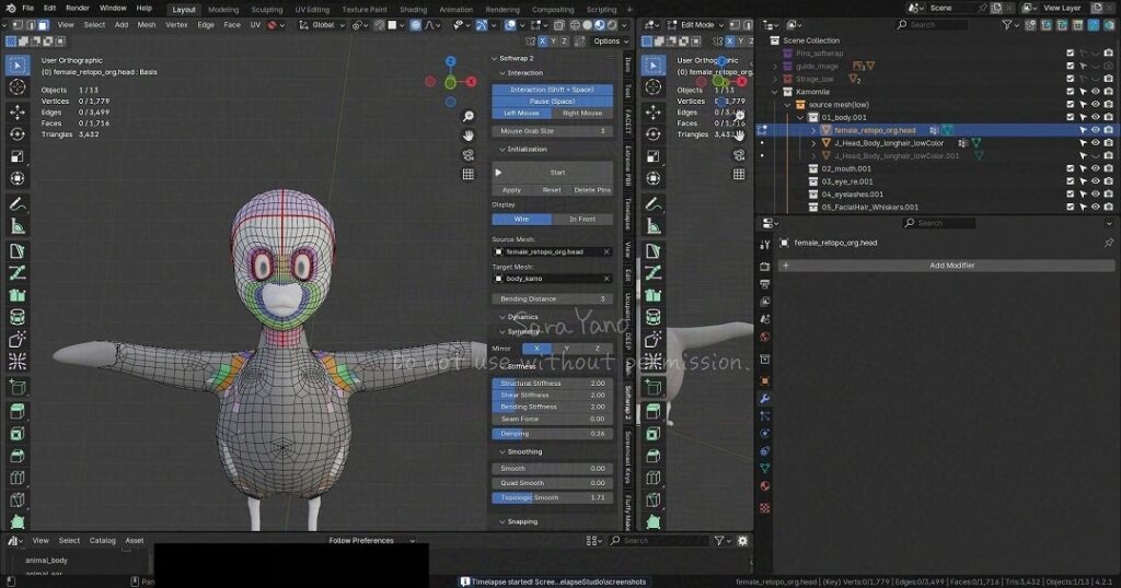 Blenderにて鴨のリトポ中。Softwrapで既存トポロジーを使いまわす。