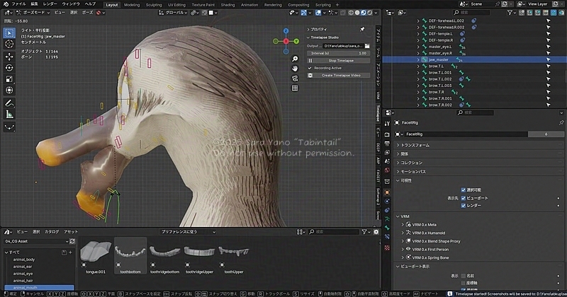 鴨の顔とくちばしのリギング失敗。要調整