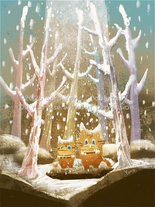 砂糖猫。ホットケーキを持った二匹の猫が雪のような砂糖が積もるのを見ている。