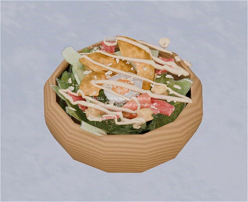 3Dサラダと木目の皿